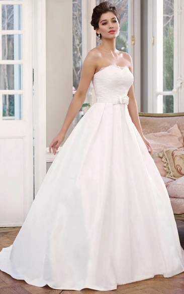 Strapless Satin Wedding Dress with Bow & Lace-Up Back A-Line Floor-Length Bridal Gown