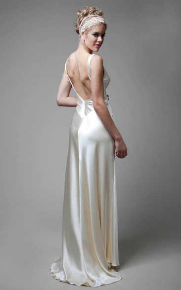 Empire V-Neck Satin Wedding Dress with Deep-V Back