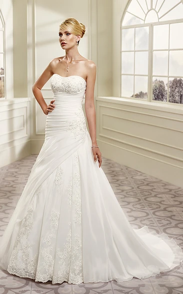 Ruched Organza&Lace A-Line Wedding Dress with Sweetheart Neckline