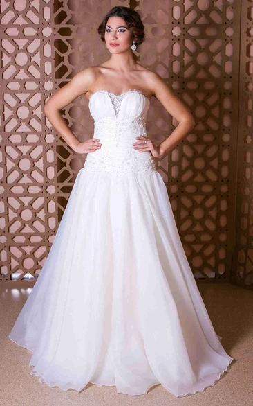 Organza Strapless A-Line Wedding Dress with Beading and Zipper Elegant Bridal Gown