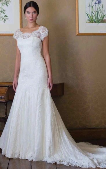 Cap-Sleeve Illusion Lace Wedding Dress Elegant Bridal Gown