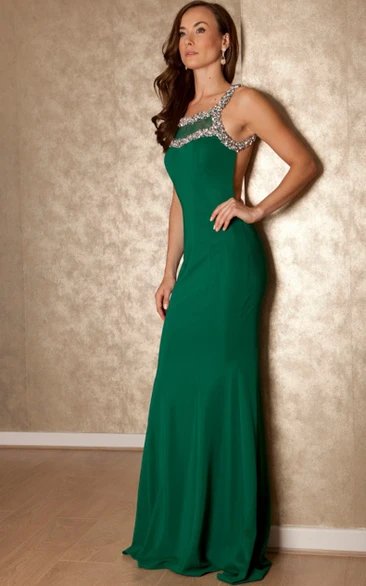 Strapped Sleeveless Jersey Prom Dress with Brush Train Classy and Flowy