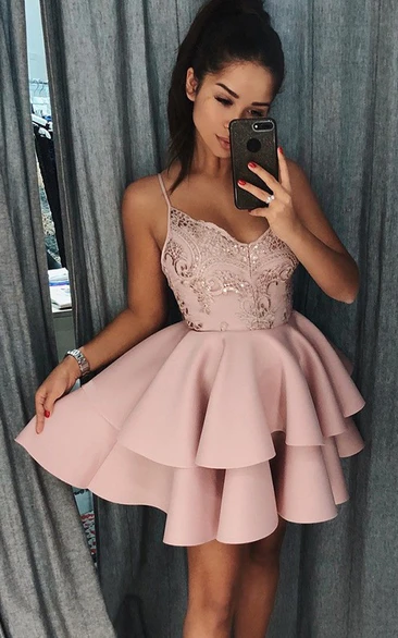 Sexy A Line Satin Homecoming Dress with V-neck Beading and Tiers