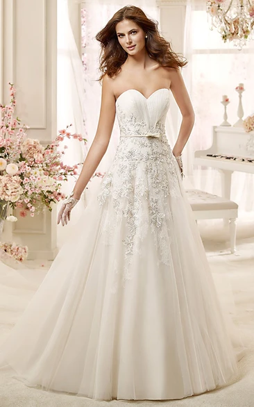 A-line Wedding Dress with Beaded Appliques and Brush Train Sweetheart Style