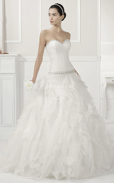 Beaded Drop Waist Wedding Dress with Jewel Neck and Tiered Organza Skirt