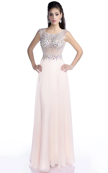 Rhinestone Bodice A-Line Chiffon Prom Dress with Keyhole Back Women's Prom Dress 2024