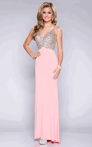 Rhinestone Column Chiffon Prom Dress with Sleeveless V-Neckline