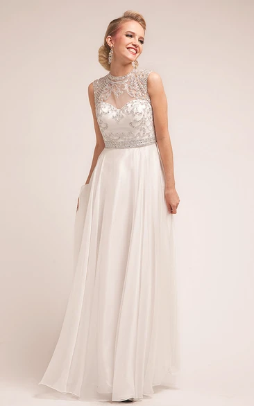 Satin Beaded A-Line Bridesmaid Dress with Jewel-Neck Sleeveless