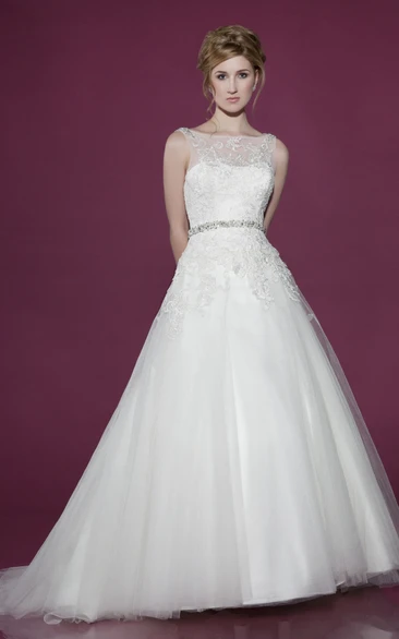 Beaded Tulle Wedding Dress with Court Train and High Neck Timeless Bridal Gown