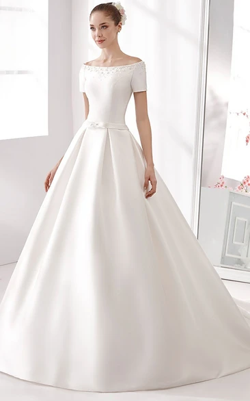 A-Line Satin Wedding Dress with Off-Shoulder Design and Beaded Details
