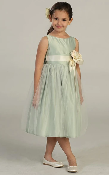 Tiered Tulle and Satin Flower Girl Dress Tea-Length 