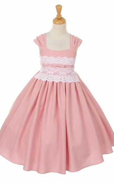 Ruched Appliqued Lace Flower Girl Dress with Tiers Tea-Length