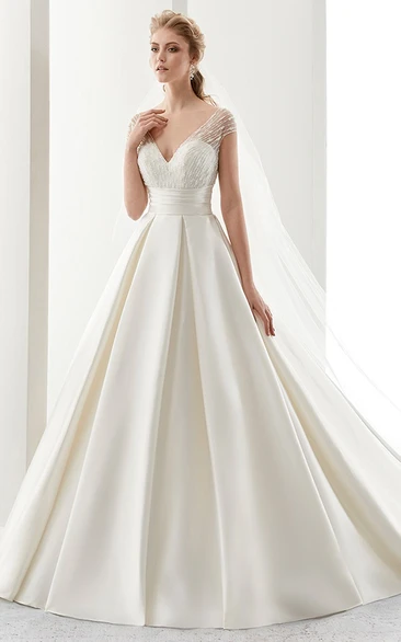Satin A-Line Wedding Dress with Cinched Waistband and Low-V Back Illusion-Strap V-Neck