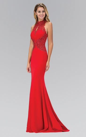 High Neck Sleeveless Sheath Jersey Formal Dress with Beading and Appliques