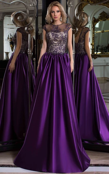 Satin A-Line Prom Dress with Cap Sleeves and Lace-Up Back