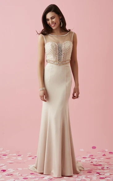 Illusion Sheath Jersey Prom Dress with Scoop-Neck and Beading