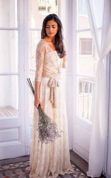 Long Sleeve Lace Floor-Length Wedding Dress with Vintage Style