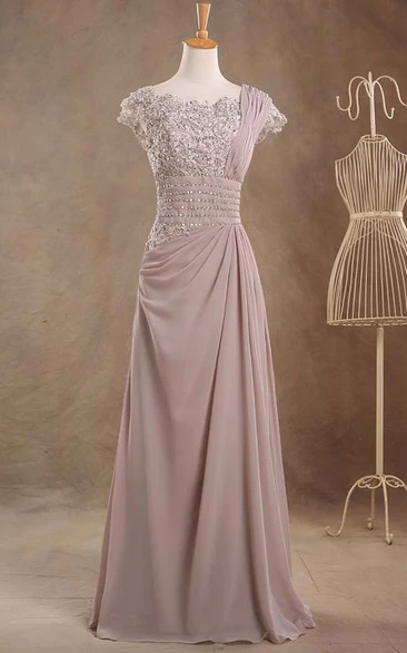 Beaded Cap Sleeve A-line Chiffon Formal Dress with Jewel Detail