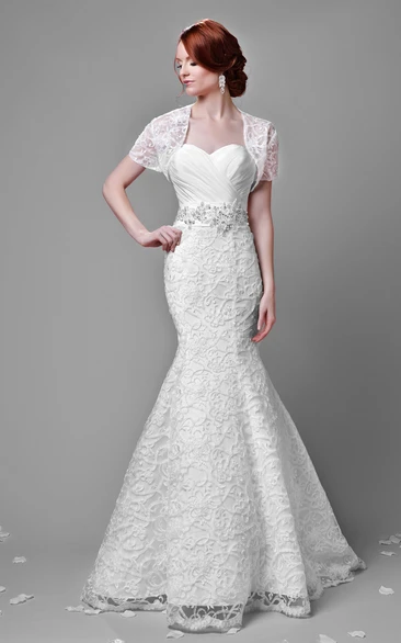 Mermaid Lace Wedding Dress with Metallic Waist Sweetheart Short Sleeve Unique