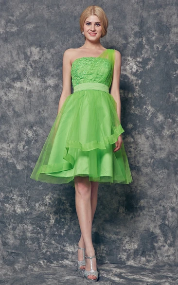 Tiered Applique One Shoulder Tulle Dress for Bridesmaids