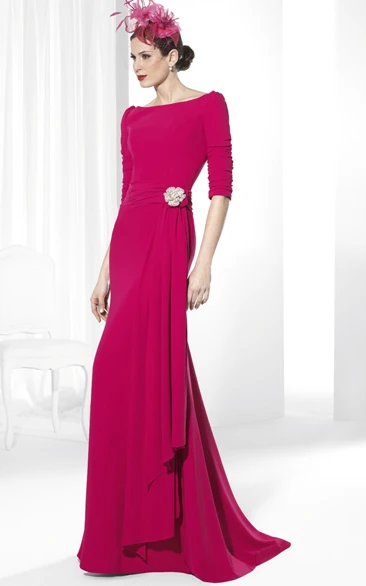 Chiffon Half-Sleeve Scoop-Neck Prom Dress with Broach Elegant Formal Dress