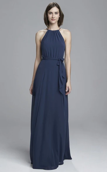 Ruched High-Neck Sheath Chiffon Bridesmaid Dress with Draping Sleeveless Floor-Length