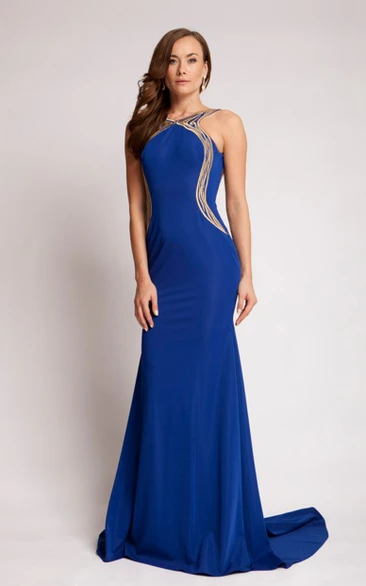 Brush Train Sleeveless Jersey Prom Dress Long Scoop Sheath with Backless Style