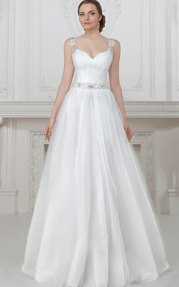 Beaded Tulle Wedding Dress with A-Line Silhouette and Floor-Length Hem Classic Wedding Dress