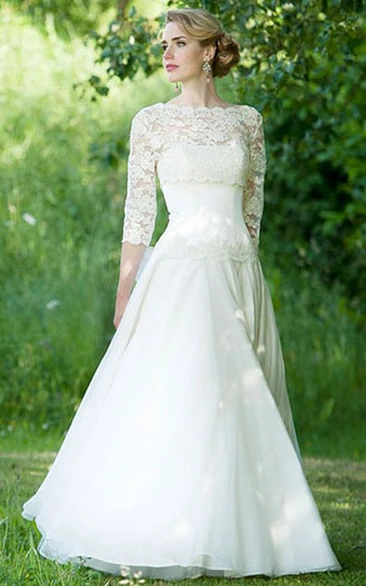 Lace Chiffon Wedding Dress with 3/4 Sleeves and Floor-Length Bateau Neckline