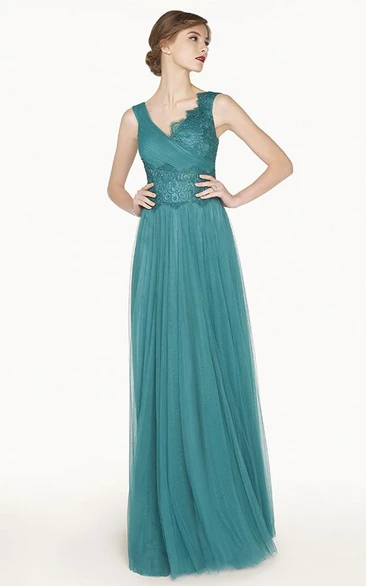 A-Line Tulle Long Prom Dress with Empire V-Neck and Half-Lace Bodice