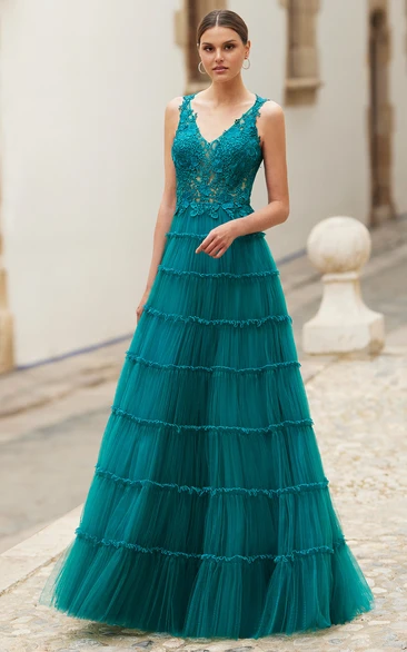 Ruched A-Line Tulle Prom Dress with V-Neckline
