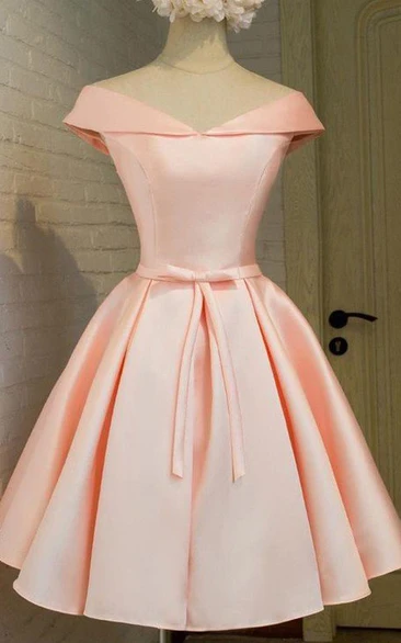 Off-the-Shoulder Tea-Length Ball Gown with Bow and Pleats Formal Dress