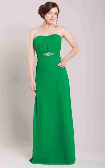 Chiffon Ruched Strapless Bridesmaid Dress with Waist Jewelry Flowy Bridesmaid Dress