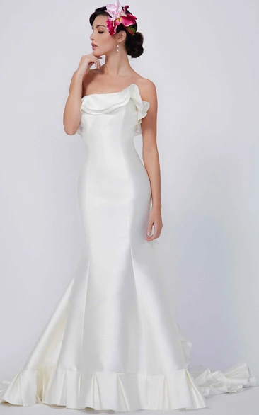 Satin Mermaid Strapless Bridesmaid Dress with Ruffles Floor-Length