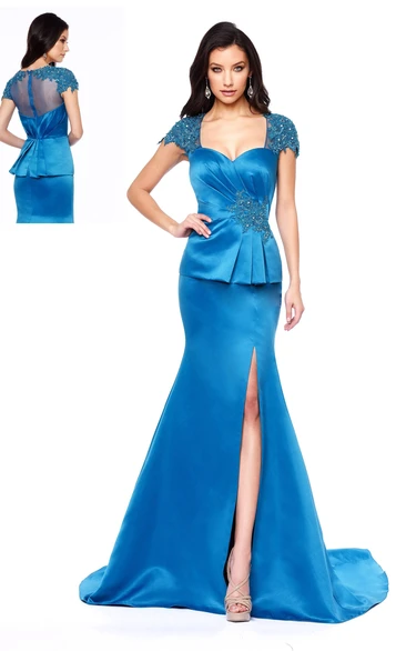 Satin Trumpet Prom Dress with Cap Sleeves Peplum and Split Front