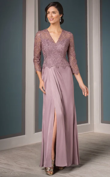 Elegant V-Neck Mother Of The Bride Dress with Sleeves and Front Slit