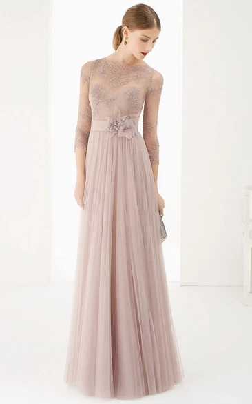 Lace Tulle Prom Dress with 3/4 Sleeves Prom Dress
