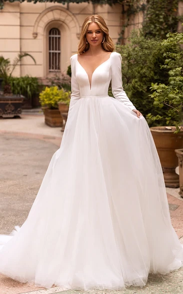 Satin V-neck Ball Gown Wedding Dress with Ruching Elegant and Simple