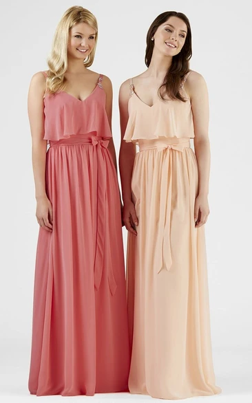 Long Pleated Spaghetti Chiffon Bridesmaid Dress with Bow Sheath Style