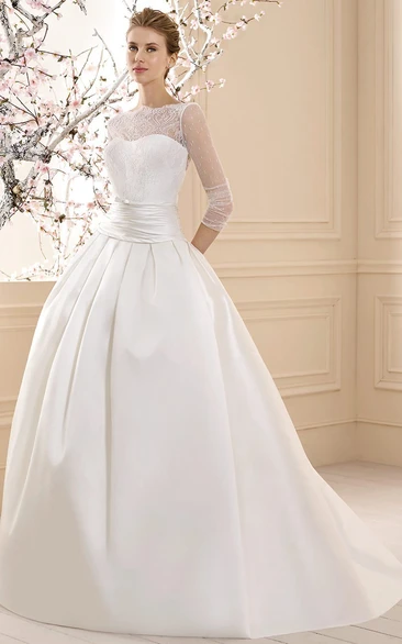 Long Sleeve High-Neck Satin Wedding Dress with Lace Classy Bridal Gown
