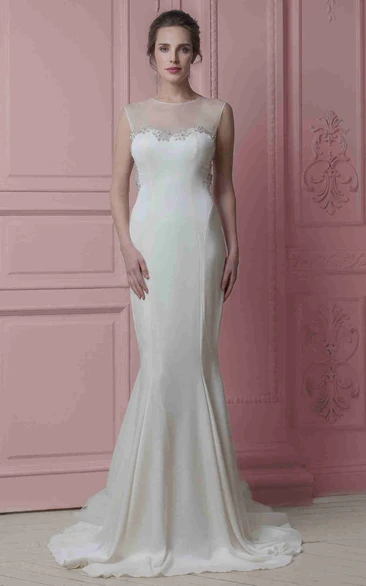 Beaded Sheath Jewel-Neck Wedding Dress with Flower and Ribbon Floor-Length Bridal Gown