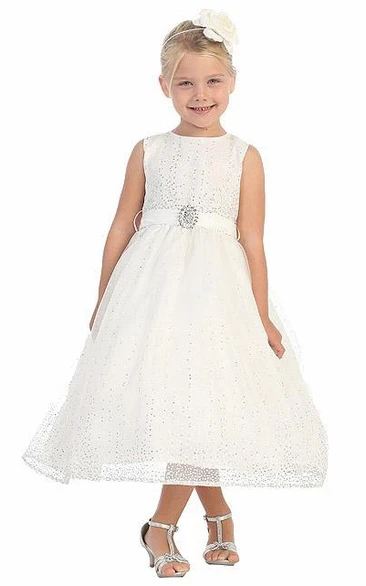Natural Tulle and Satin Beaded Tea-Length Flower Girl Dress with Brooch Elegant Wedding Dress