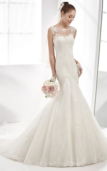 Illusive Neckline Sheath Wedding Dress with Jewel Neck and Mermaid Silhouette