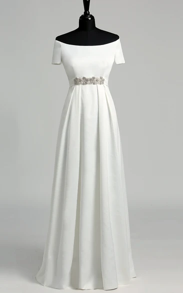 Satin A-Line Wedding Dress with Floor-Length Beading and Pleats