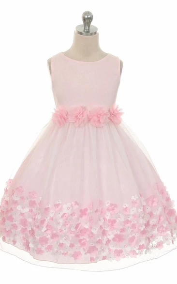 Chiffon and Satin Tea-Length Flower Girl Dress with Tiered Skirt