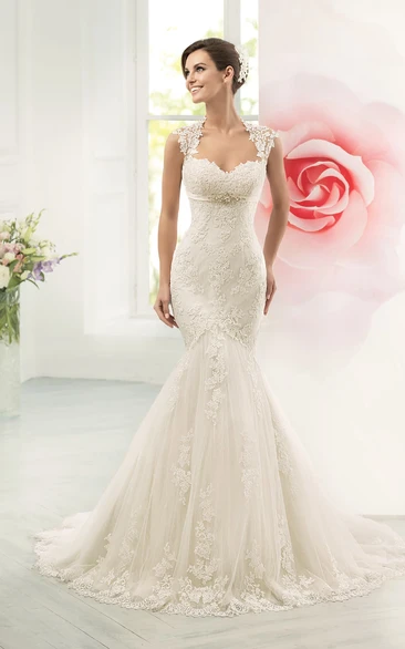 Mermaid Lace Wedding Dress with Queen-Anne Neckline and Waist Jewellery