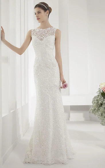 Sheath Wedding Gown with Back Keyhole Allover Lace Illusion Neck Wedding Dress