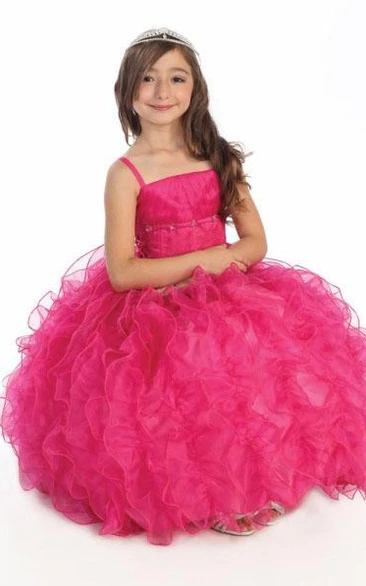 Long Tiered Ruffled Lace and Organza Spaghetti Strap Flower Girl Dress