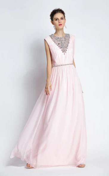 A-Line Chiffon Prom Dress Floor-length Jewel + Ruching + Classy