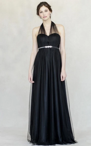 Sleeveless Tulle Bridesmaid Dress with Halter Jeweled Empire Straps